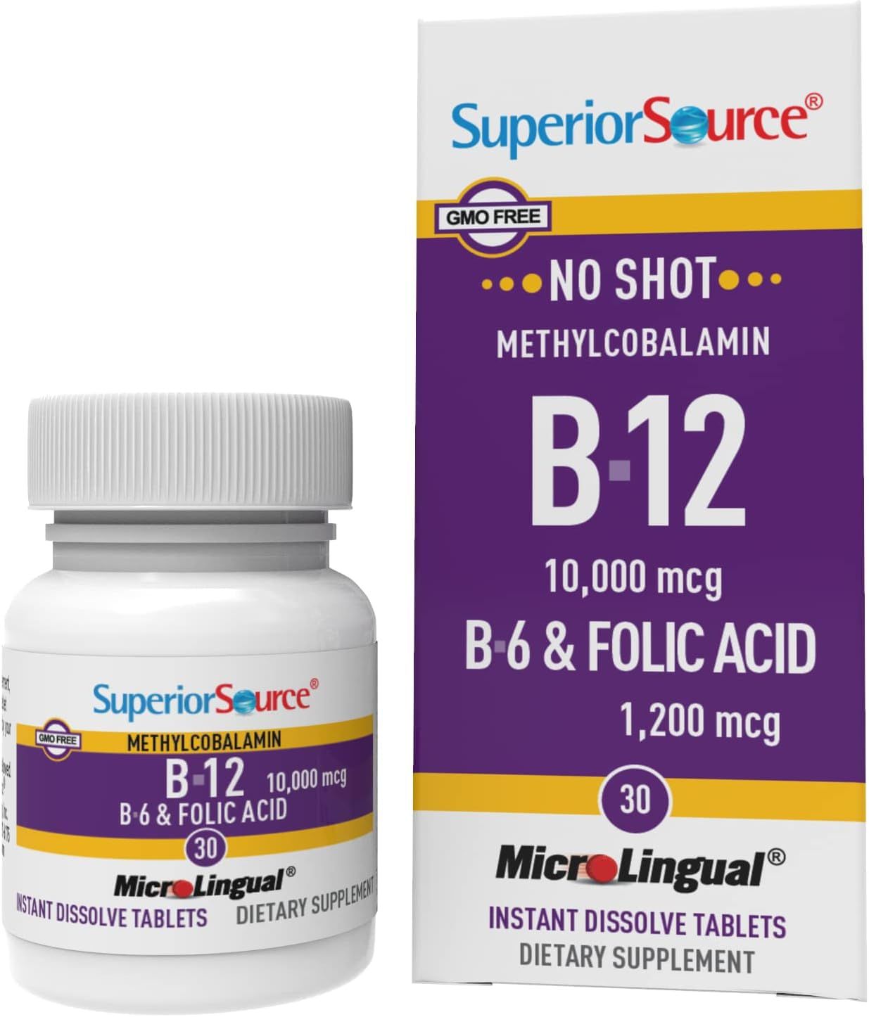 Superior Source No Shot Vitamin B12 Methylcobalamin (10000 mcg), B6, Folic Acid, Quick Dissolve MicroLingual Tablets, 30 Ct, Increase Energy, Healthy Heart, Boost Metabolism, Stress Support, Non-GMO