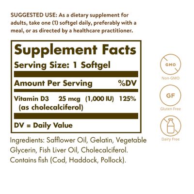Solgar Vitamin D3 (Cholecalciferol) 25 mcg (1000 IU), 100 Softgels - Helps Maintain Healthy Bones &amp; Teeth - Immune System Support - Non-GMO, Gluten Free, Dairy Free - 100 Servings