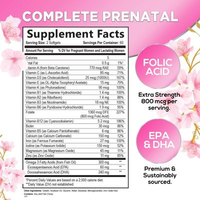 Women's Prenatal Multivitamin with Folic Acid + DHA, Essential Prenatal Vitamins with Folate, Omega 3, Vitamin D3, B6, B12 & Iron, Pregnancy Support Supplement for Mom and Baby - 120 Softgels