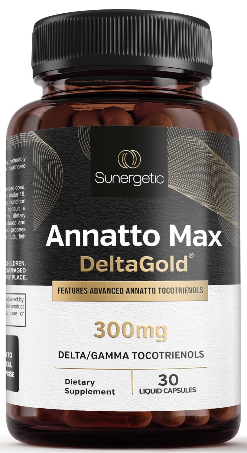Sunergetic Premium Annatto Tocotrienol Supplement - with DeltaGold - Tocotrienols Vitamin E 300 mg - Supports Liver, Immune &amp; Heart Health - Delta + Gamma Tocotrienols (30 Liquid Capsules)