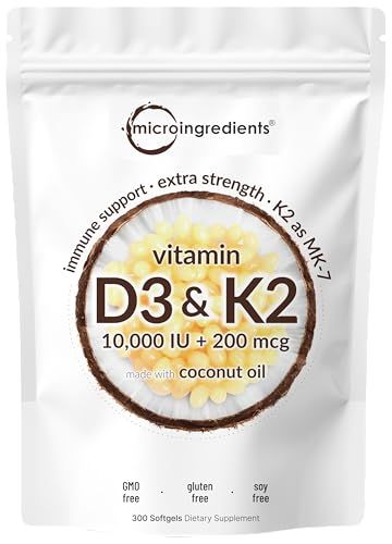 Vitamin D3 10000 iu Plus K2 (MK-7) 200 mcg, 300 Virgin Coconut Oil Softgels| 2 in 1 Vitamins D &amp; K Complex | Supports Calcium Absorption, Bone, Immune, &amp; Heart Health - Easy to Swallow