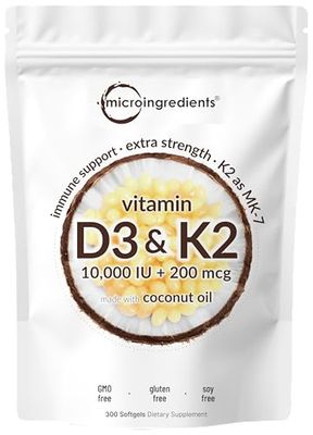 Vitamin D3 10000 iu Plus K2 (MK-7) 200 mcg, 300 Virgin Coconut Oil Softgels| 2 in 1 Vitamins D &amp; K Complex | Supports Calcium Absorption, Bone, Immune, &amp; Heart Health - Easy to Swallow
