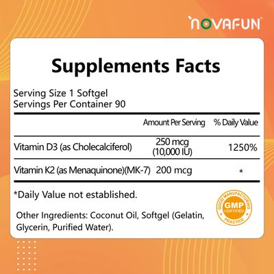 Novafun D3 K2 Vitamin 10000 IU Softgels, D3 K2 Supplement with Coconut Oil for Bone, Teeth Health, Support Muscle &amp; Heart Health, 90 Count