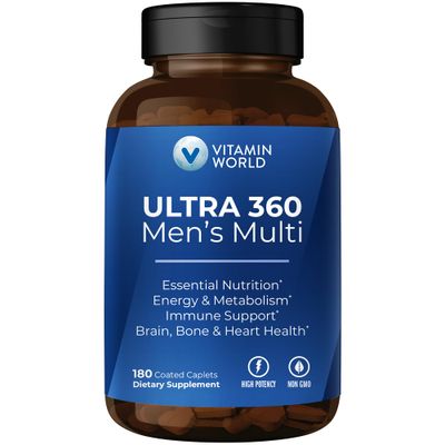 Vitamin World Ultra 360 Multivitamin for Men, Men&#39;s Multivitamin with Herbs &amp; Antioxidants for Energy &amp; Performance, Supplement with Vitamin A, C, D, E, B12 &amp; Zinc for Immune Support, 180 Caplets