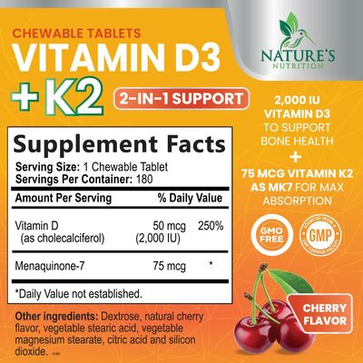 Vitamin D3 K2, Chewable Cherry D3 2000 iu Plus K2 (MK-7) 75 mcg - 2 in 1 Vitamins D &amp; K Complex - Vitamin K2 MK7 + D3 Supplement Supports Immune &amp; Heart Health, Calcium Absorption, Bones - 180 Tablets