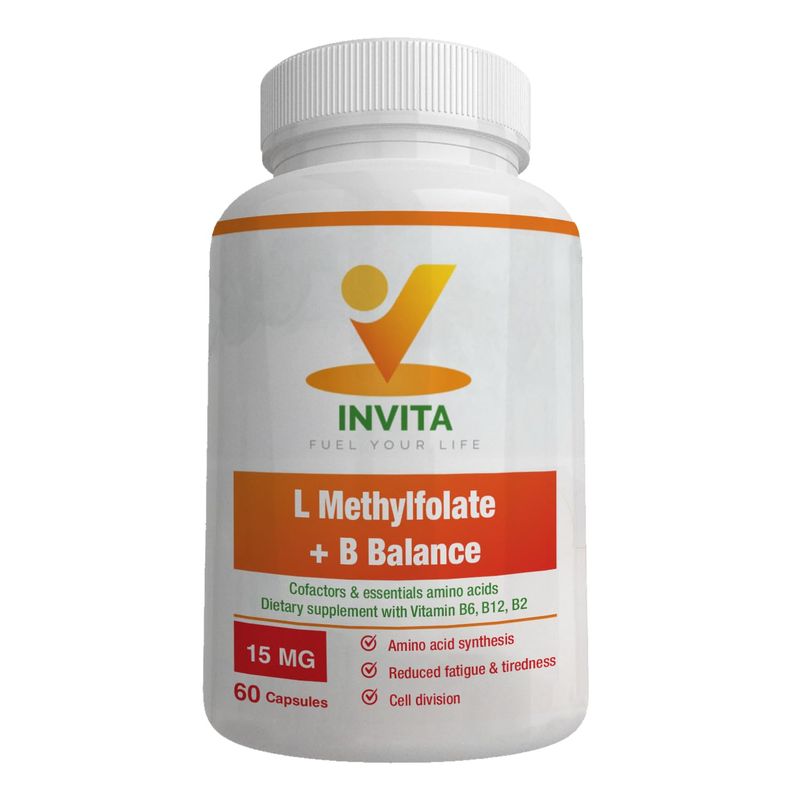 INVITA L-Methylfolate + B Balance (15mg) - 5-MTHF, B6, B2 &amp; B12 Methylcobalamin B Complex - 60 Capsules - Professional Strength Active Methyl Folate - Non GMO, Gluten Free, No Fillers