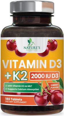 Vitamin D3 K2, Chewable Cherry D3 2000 iu Plus K2 (MK-7) 75 mcg - 2 in 1 Vitamins D &amp; K Complex - Vitamin K2 MK7 + D3 Supplement Supports Immune &amp; Heart Health, Calcium Absorption, Bones - 180 Tablets