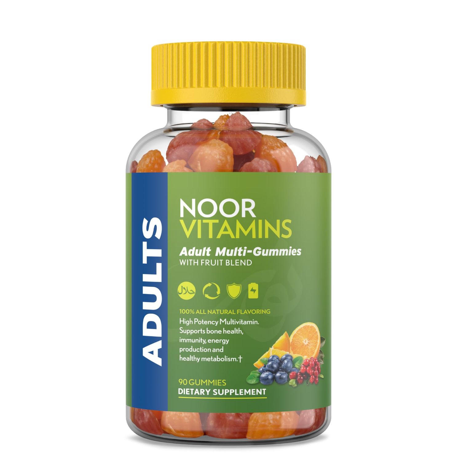 Noor Vitamins Halal Adult Multivitamin Gummy with Organic Fruit Blend for Men and Women; Non-GMO, Gluten Free, Gelatin Free Halal Vitamins - 90 Count