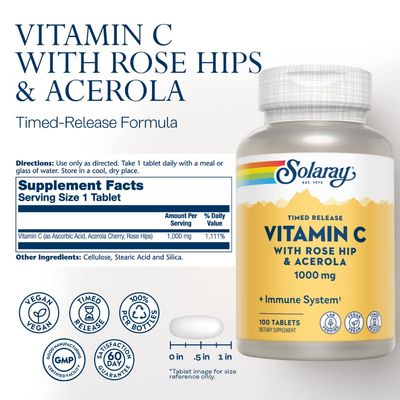SOLARAY Vitamin C w/Rose HIPS &amp; Acerola, 1000mg, Two-Stage Timed-Release Healthy Immune Function (100 Servings, 100 Tablets)