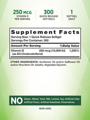 Nature's Truth Vitamin D3 10000 IU Softgels | 300 Count | Extra Strength | Non-GMO &amp; Gluten Free Supplement