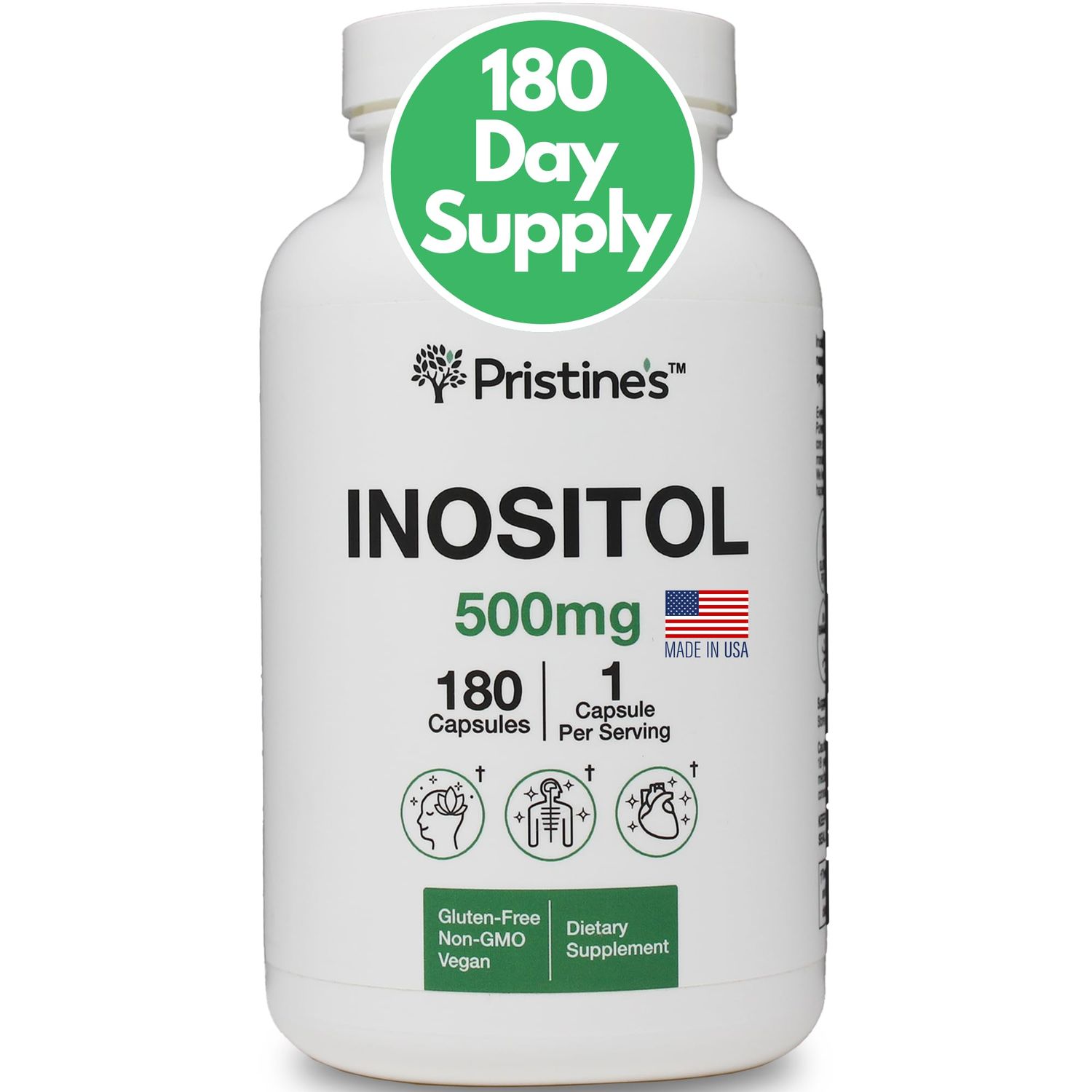 PRISTINE&#39;S Myo Inositol PCOS Supplement Capsules - 500mg 180 Day Supply - Healthy Hormonal, Ovarian &amp; Fertility Support Supplements - Vegan, Gluten Free, Non GMO