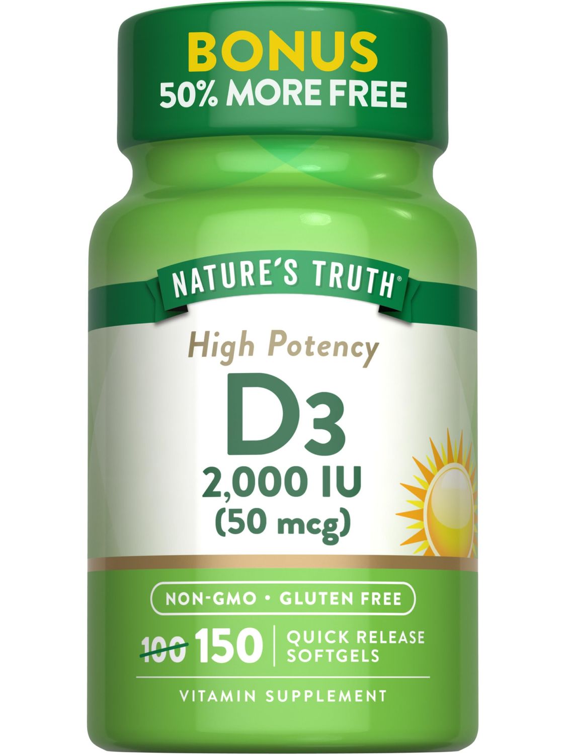 Nature&#39;s Truth Vitamin D3 2000 IU Softgels | 150 Count | High Potency | Non-GMO and Gluten Free Supplement