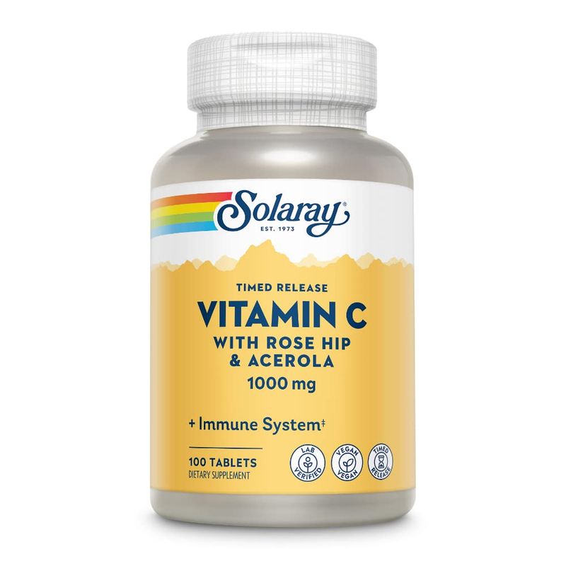 SOLARAY Vitamin C w/Rose HIPS &amp; Acerola, 1000mg, Two-Stage Timed-Release Healthy Immune Function (100 Servings, 100 Tablets)