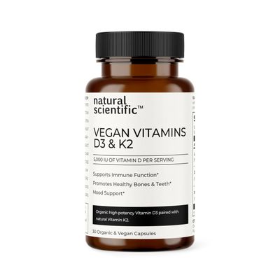 NATURAL SCIENTIFIC Organic Vitamin D3 &amp; K2 Supplement 5000 IU - Vegan Vitamin D Supplement for Bone, Muscle and Immune Health - Gluten-Free, Non-GMO - 30 Capsules - Premium Dietary Supplement