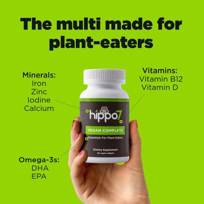 Hippo7 Vegan Complete Multivitamin Vitamin B12, Vitamin D, Omega-3 DHA+EPA, Calcium, Iodine, Zinc &amp; Iron. (1 Bottle, 60 Softgels)