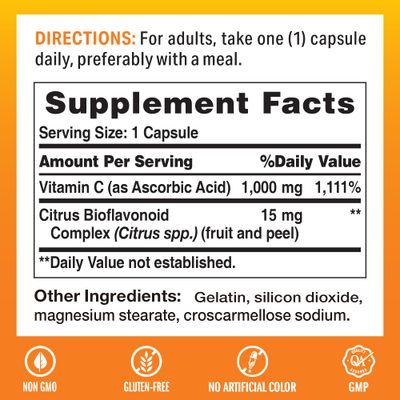 Vitamin World Vitamin C 1000 mg with Bioflavonoids, Immune Support, Antioxidant Protection, Vitamin C Supplement for Collagen Production, Bone &amp; Skin Health, Gluten Free, 100 Capsules