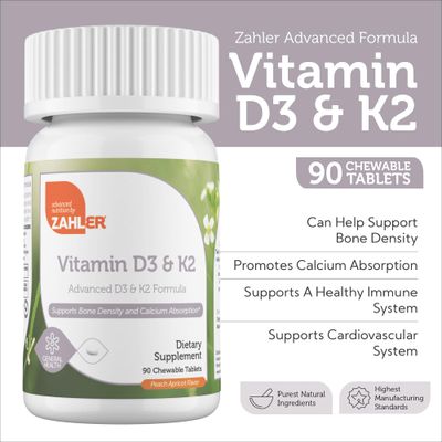Zahler - Vitamin D3 &amp; K2 Chewable Supplement (90 Count) - Certified Kosher K2 D3 Vitamin 5000 IU Delicious Chew Tablet - Vitamin D &amp; K2 for Calcium Absorption, Bone Density &amp; Immune Support
