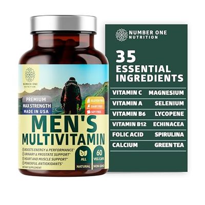 Number One Nutrition Premium Men&#39;s Daily Multivitamin Multimineral Supplement [Gluten Free, Non-GMO], Vitamins A C E D B1 B2 B3 B5 B6 B12, Magnesium, Biotin, Sprulina, and Zinc, 60 Veg Caps