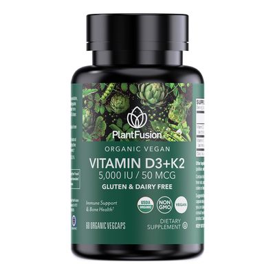 PlantFusion Organic Vegan Vitamin D3 + K2 5,000 IU, 50MCG - Vitamin D Sourced from Plant Based Lichen and Vitamin K2, for Immune Support and Bone Health - 60 Capsules