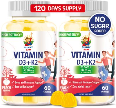 SUNNY SAM Sugar-Free Vitamin D3 K2 Gummies 5000 IU - Immune &amp; Bone Support Gummies - Vitamin D Gummy Supplement for Adults - High-Absorption, Vegan, Halal, Gluten-Free Chewable Vitamins