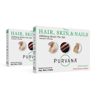 Wellgenix Purvana Hair, Skin, and Nails Vitamin - Softgels for High Absorption - Double Strength 2500mcg Biotin, VIT A &amp; B (30 Count) (Pack of 2)