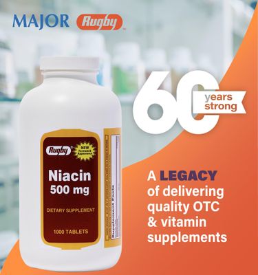 Rugby Niacin 500mg - Vitamin B3 Supplement for Men and Women - 1,000 Tablets