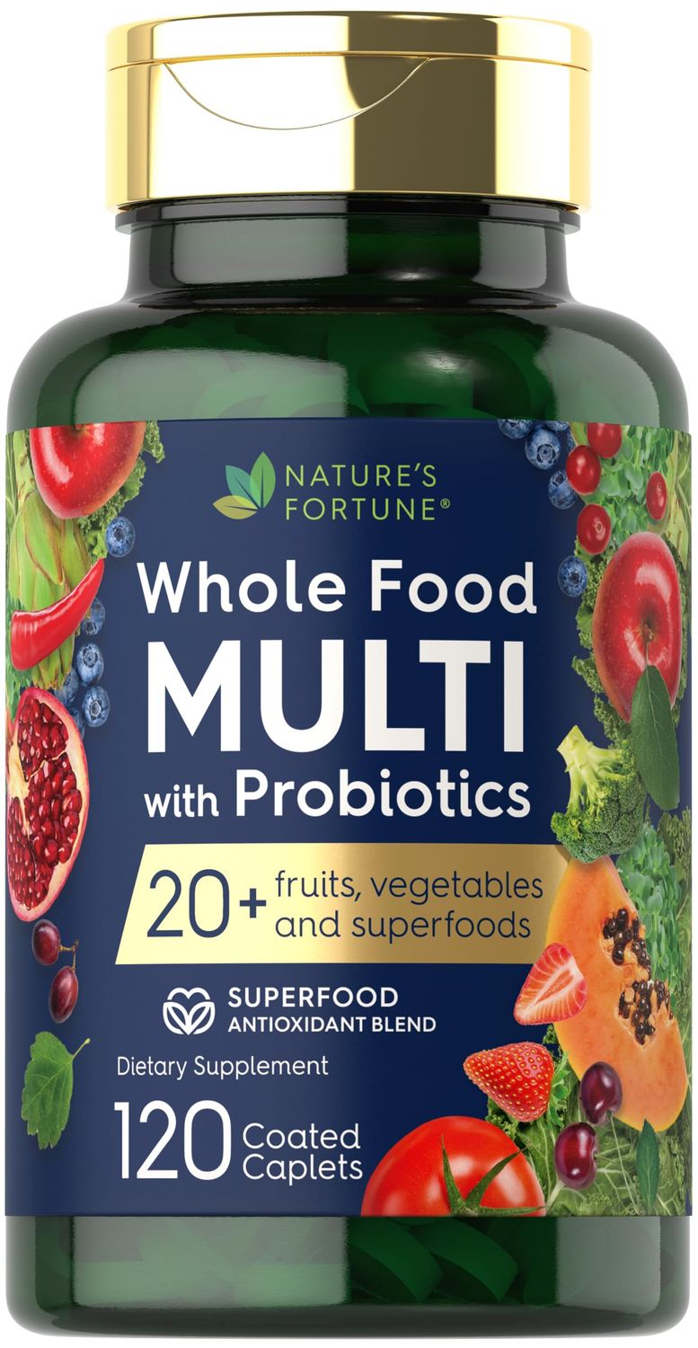 Nature&#39;s Fortune Whole Food Multivitamin with Probiotics | 120 Coated Caplets | Made with 20 Fruits and Vegetables | Non-GMO &amp; Gluten Free Supplement