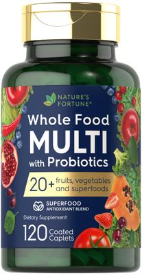 Nature&#39;s Fortune Whole Food Multivitamin with Probiotics | 120 Coated Caplets | Made with 20 Fruits and Vegetables | Non-GMO &amp; Gluten Free Supplement
