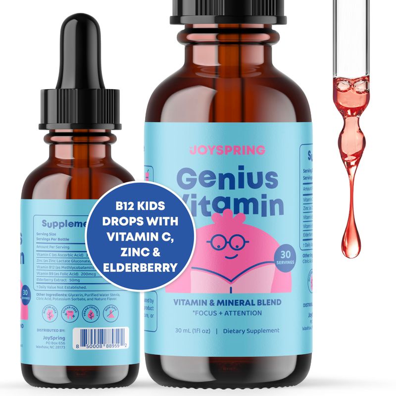 JoySpring Kids B Complex Vitamins | Vitamin B Complex Liquid Drops Aid in Attention &amp; Focus | Nootropics Brain Support Supplement | with Elderberry Zinc and Vitamin C