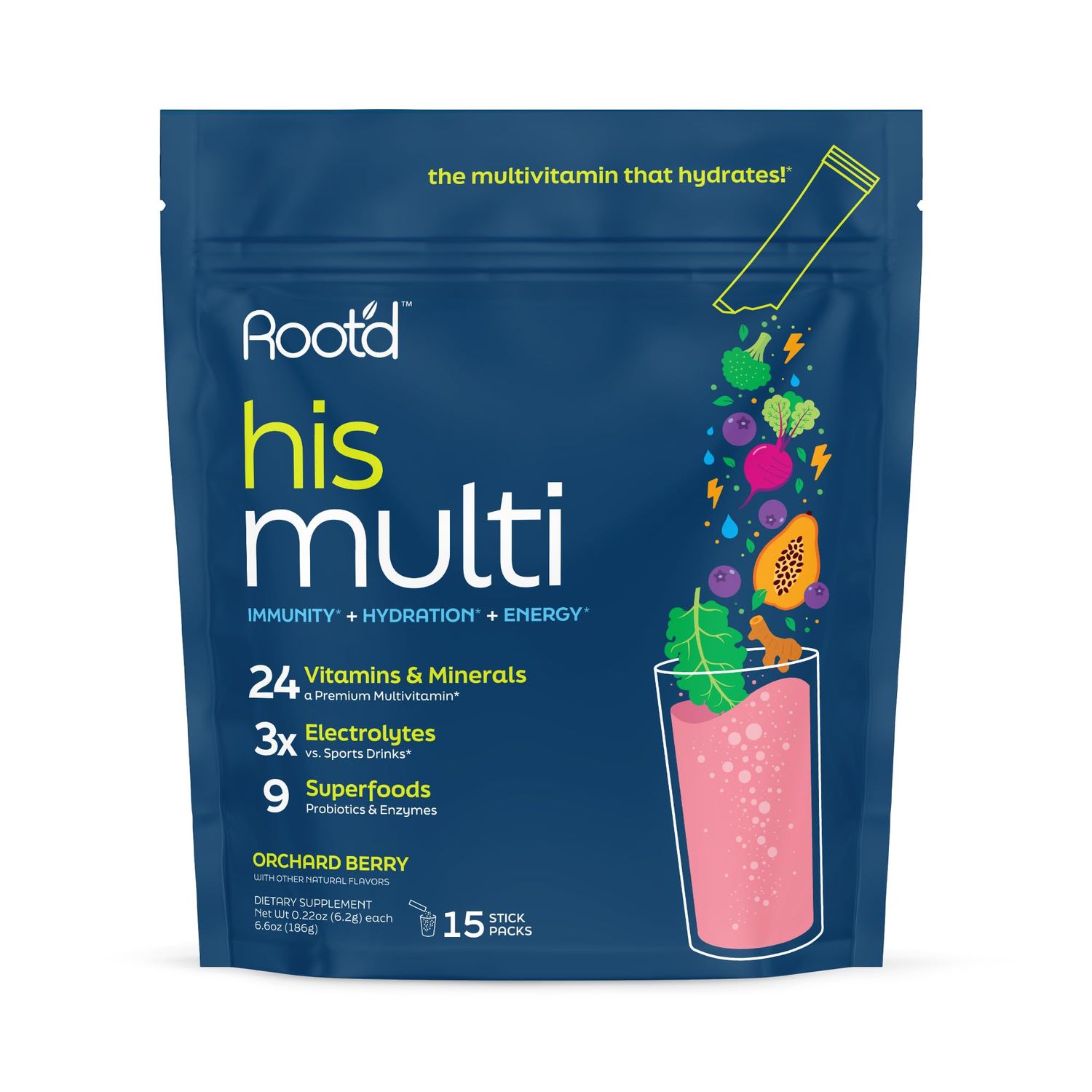 Root'd Multivitamin Powder for Men - 24 Vitamins &amp; Minerals with 3X Electrolytes, 9 Organic Superfoods, Probiotics &amp; Enzymes, Sugar-Free Multivitamin &amp; Hydration | 15 Vitamin Drink Mix Packets