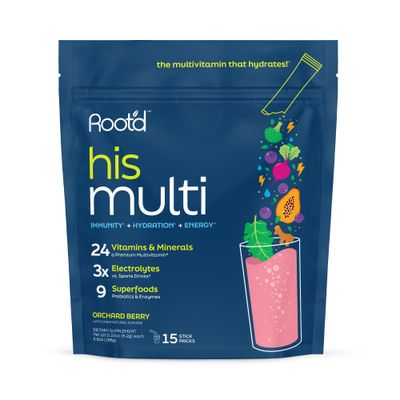 Root'd Multivitamin Powder for Men - 24 Vitamins &amp; Minerals with 3X Electrolytes, 9 Organic Superfoods, Probiotics &amp; Enzymes, Sugar-Free Multivitamin &amp; Hydration | 15 Vitamin Drink Mix Packets
