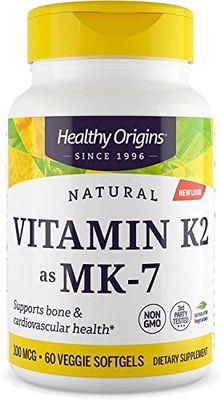 Healthy Origins Vitamin K2 as MK-7, 100 mcg - K2 Vitamins for Heart Health, Bone Health &amp; Calcium Metabolism - Gluten-Free Supplements - 60 Veggie Softgels