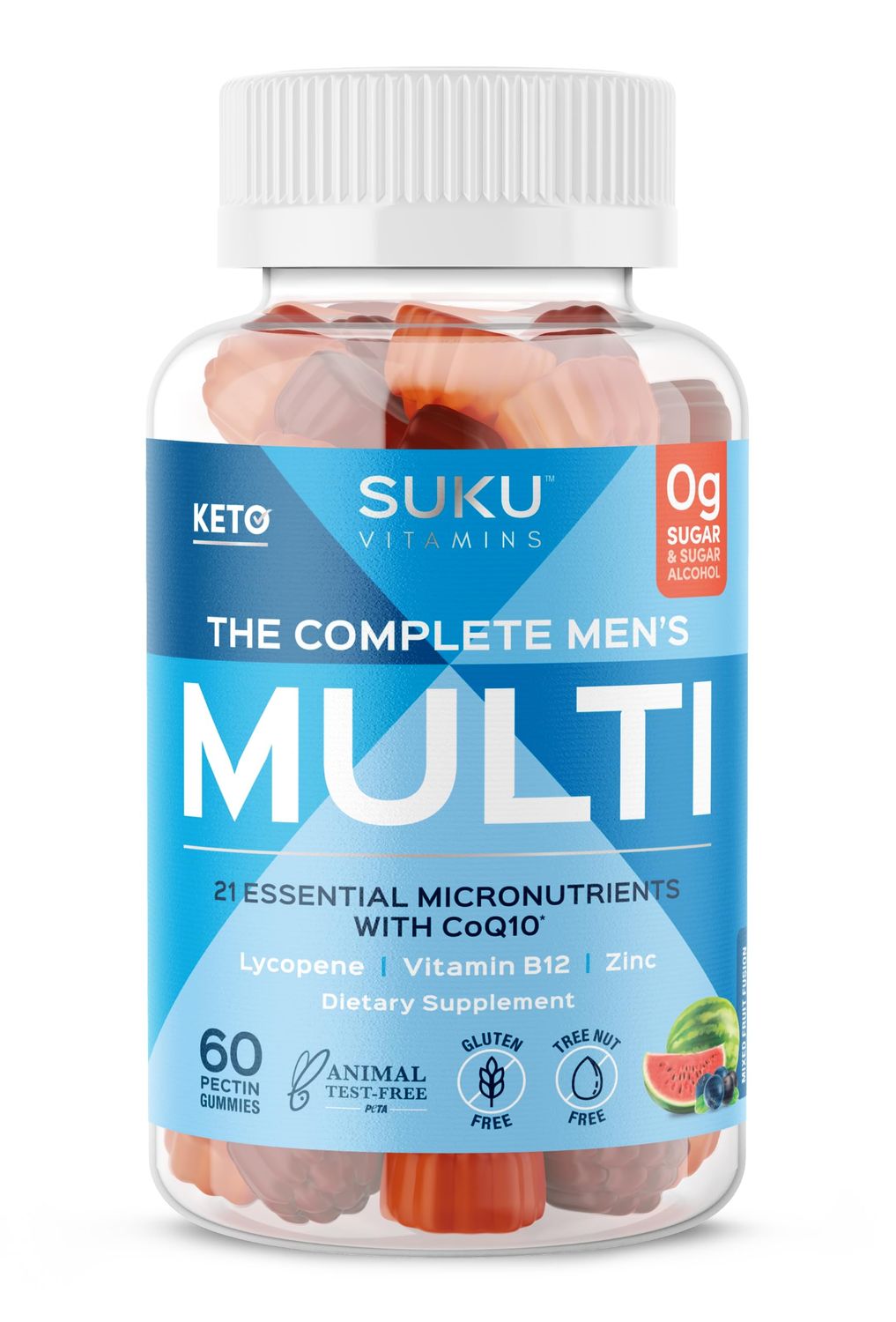 SUKU Vitamins - Complete Men&#39;s Multi - MicroNutrients: CoQ10, Lycopene Gummies for Prostate Health - Easy to Chew - Non GMO, Gluten Sugar Free - Mixed Fruit Fusion Gummy Vitamins, 60 Count