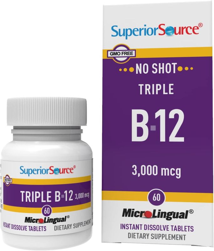 Superior Source No Shot Triple B12 3000 mcg, Quick Dissolve MicroLingual Tablets, 60 Ct, Methylcobalamin, Adenosylcobalamin &amp; Cyanocobalamin, Cognitive &amp; Heart Health, Nervous System, Non-GMO