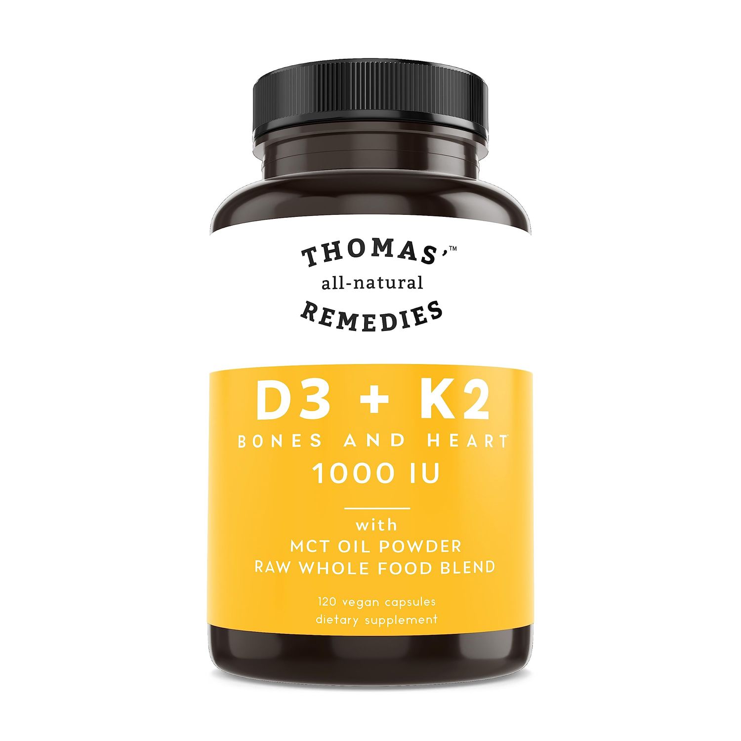 Thomas&#39; all-natural Remedies D3 + K2 with MCT Oil for Better Absorption &amp; Raw Whole Food Blend, 1000 IU D3, Vegan, Made in USA, Support for Your Heart, Bones &amp; Teeth, Non-GMO (120ct)