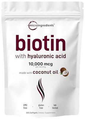 Micro Ingredients Biotin 10,000mcg w/Hyaluronic Acid 25mg | 365 Virgin Coconut Oil Softgels, Fast Release, One Year Supply, Supports Healthy Hair, Skin &amp; Nails, Non-GMO &amp; No Gluten