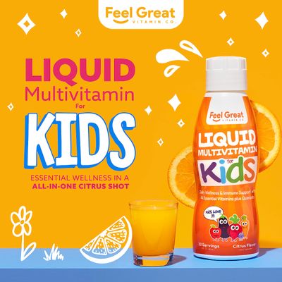 Feel Great Liquid Multivitamin for Kids | Orange Flavored Vegetarian &amp; Sugar Free Kids Liquid Vitamin | Essential Kids Vitamins &amp; Immune Support for Kids | 30 Day Supply