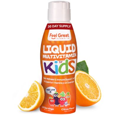 Feel Great Liquid Multivitamin for Kids | Orange Flavored Vegetarian &amp; Sugar Free Kids Liquid Vitamin | Essential Kids Vitamins &amp; Immune Support for Kids | 30 Day Supply