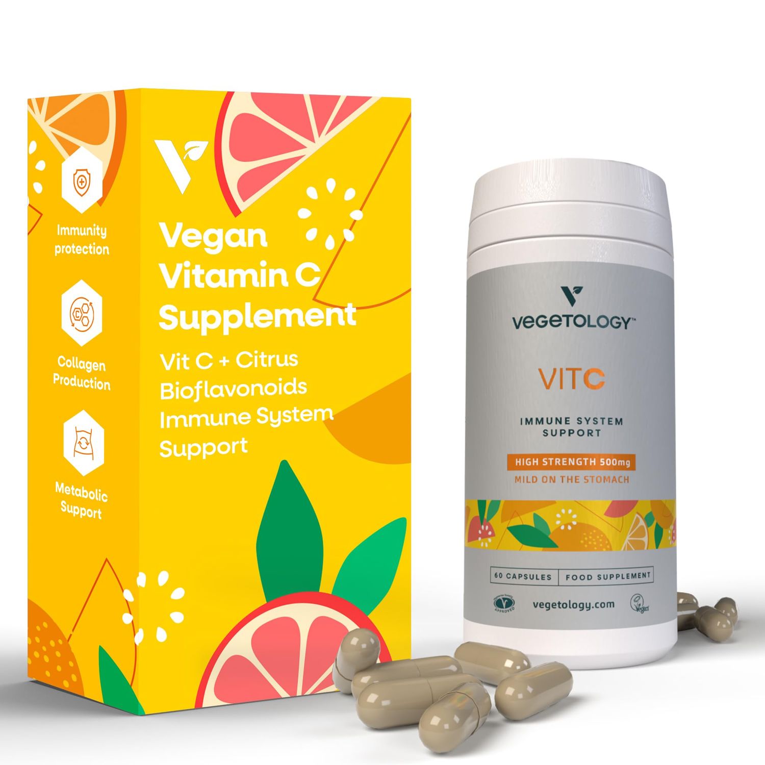 VEGETOLOGY Vegan Vitamin C Supplements - VIT C + Citrus Bioflavonoids - Vitamins and Health Supplements - Daily Supplements (60 Capsules) - Vitamin C 500mg Capsules - Antioxidants Supplement