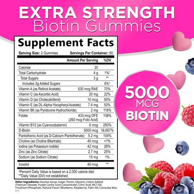 Hair Vitamins Gummy with Biotin 5000 mcg, Hair Growth Support with Vitamins E & C, Non-GMO & Gluten Free, Thicker, Stronger & Beautiful Hair, Skin & Nails, Hair Vitamin for Women & Men - 120 Gummies