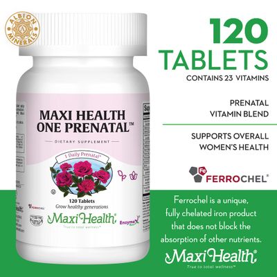 Maxi Health One Prenatal - Womens Prenatal Vitamins with Iron - Enhanced Absorption &amp; Bioavailability - Daily Multivitamin for Women - Multi Vitamin &amp; Mineral Supplement for Adults - 120 Capsules