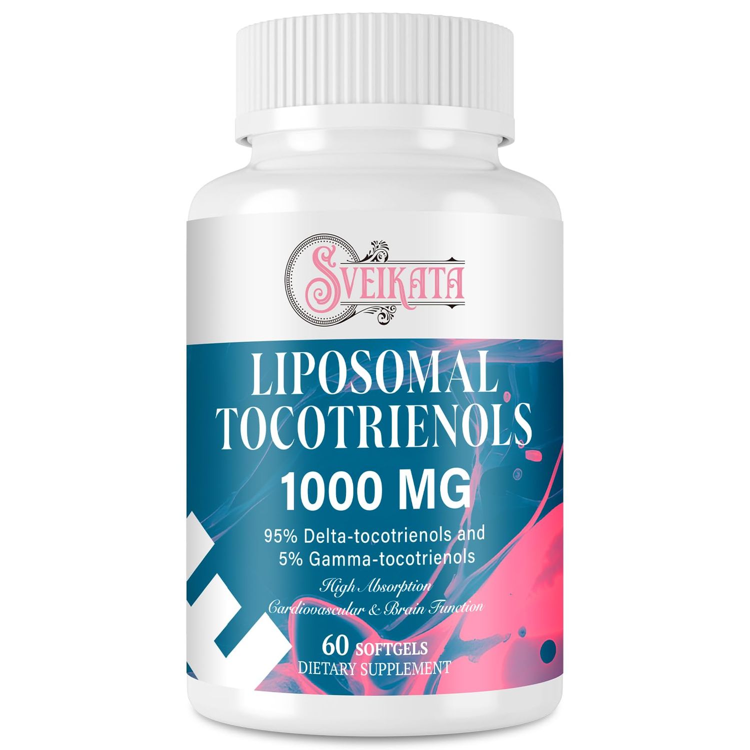 Sveikata Liposomal Tocotrienols Supplement 1000mg, Vitamin E, 95% Delta-tocotrienols and 5% Gamma-tocotrienols, Hligh Absorption Heart, Vascular &amp; Brain Function, Non-GMO, 60 softgels