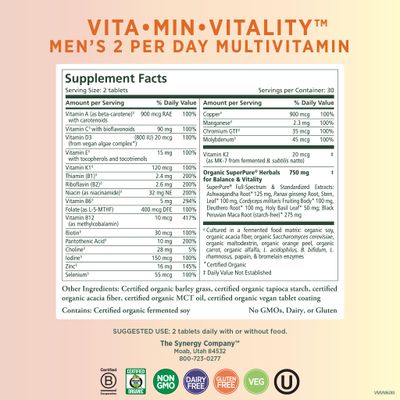 PURE SYNERGY VitaMinVitality | Natural Multivitamin for Men | Mens Daily Multivitamin Made with Organic Whole Foods | for Energy, Stress, and Immune Support (60 Tablets)