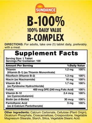 Sundance Vitamin B-Complex 100% Daily Value | 100 Tablets | Vegetarian, Non-GMO, and Gluten Free Supplement