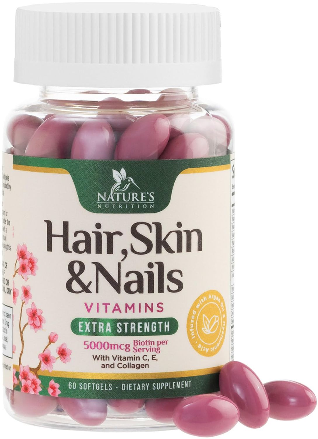 Hair Vitamins Women, Ultra Strength 5000mcg Biotin, Collagen, PABA &amp; More - Womens Hair Growth, Skin, Nails &amp; Keratin Support Supplement, Infused w/ Argan Oil &amp; Hyaluronic Acid, Non-GMO - 60 Softgels