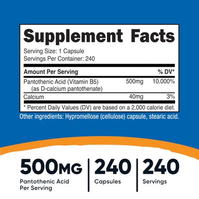 Nutricost Pantothenic Acid (Vitamin B5) 500mg, 240 Capsules