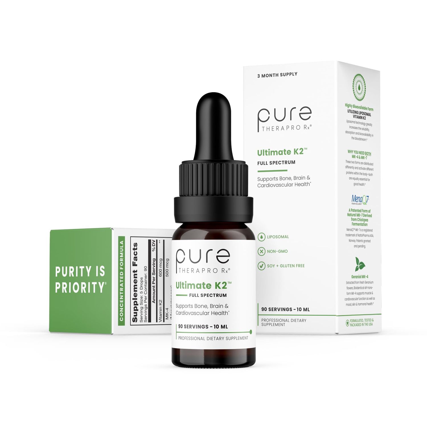 Pure Therapro Rx Ultimate K2 Supplement | Liquid Liposomal Vitamin K2 Drops | 90 Servings | 600mcg Vegan K2 as MK4 &amp; MenaQ7 MK7 | Supports Bone Health, Heart Health, Skin &amp; Hair | 10 mL