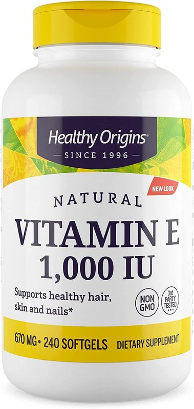 Healthy Origins Vitamin E, 1,000 IU (Natural) Mixed Tocopherols - Vitamin E Supplement - Gluten-Free &amp; Non-GMO Skin, Hair &amp; Nails Vitamin - 240 Softgels