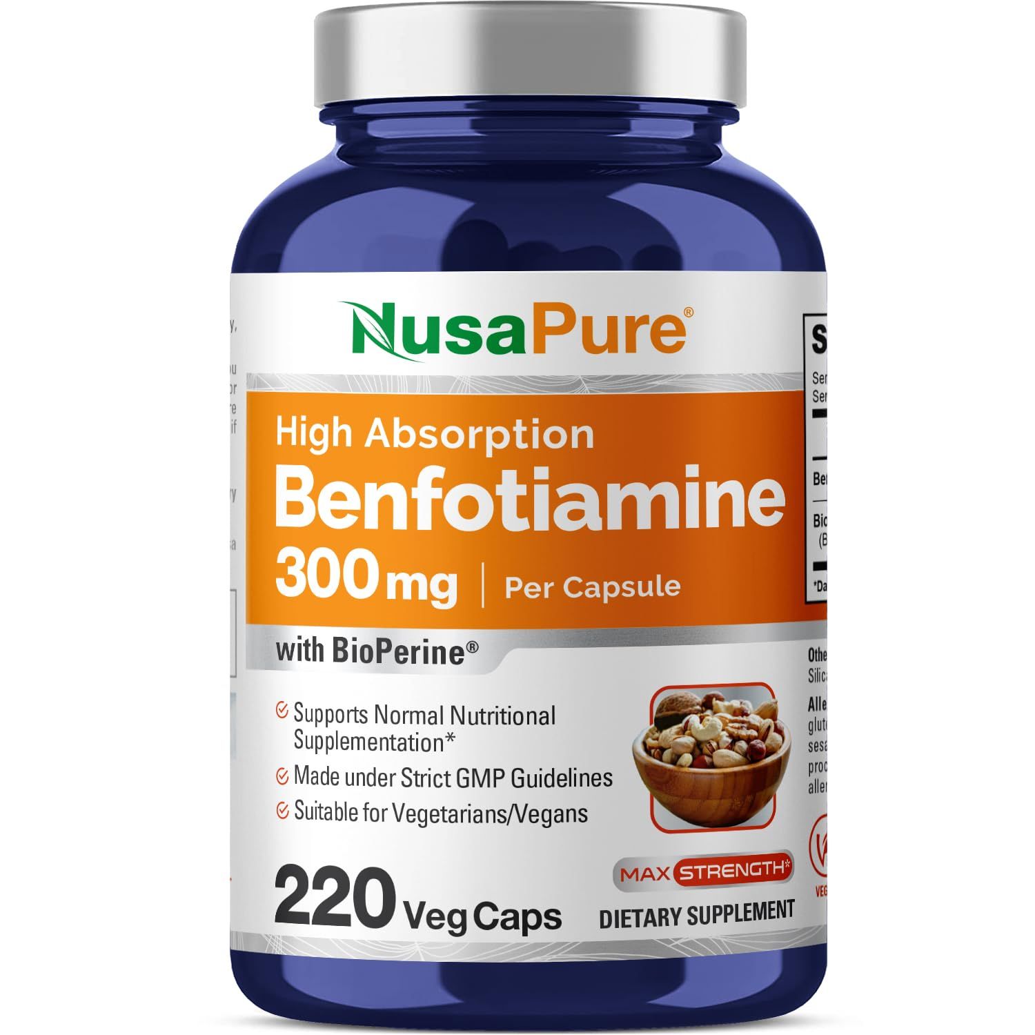 NusaPure Benfotiamine 300mg Per Veggie Caps 220 Count (Non-GMO, Vegan, Gluten-Free) Bioperine