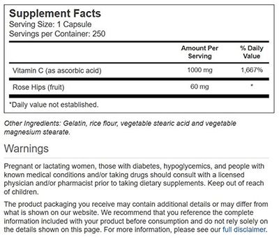 Vitacost Vitamin C with Rose Hips - 1000 mg - 250 Capsules